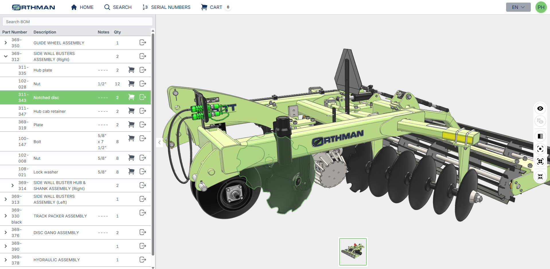 Screenshot of 3D product configurator of heavy machine 