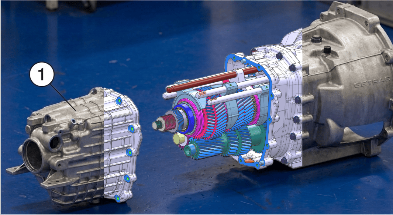 Exploded 3D CAD view of a transmission alongside the physical gearbox