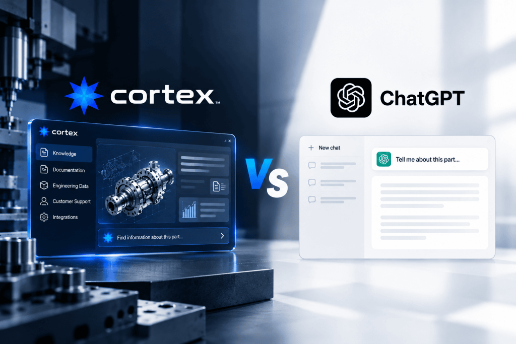 Cortex vs. ChatGPT comparison showing manufacturing-specific AI capabilities, technical documentation, engineering data, and customer support.
